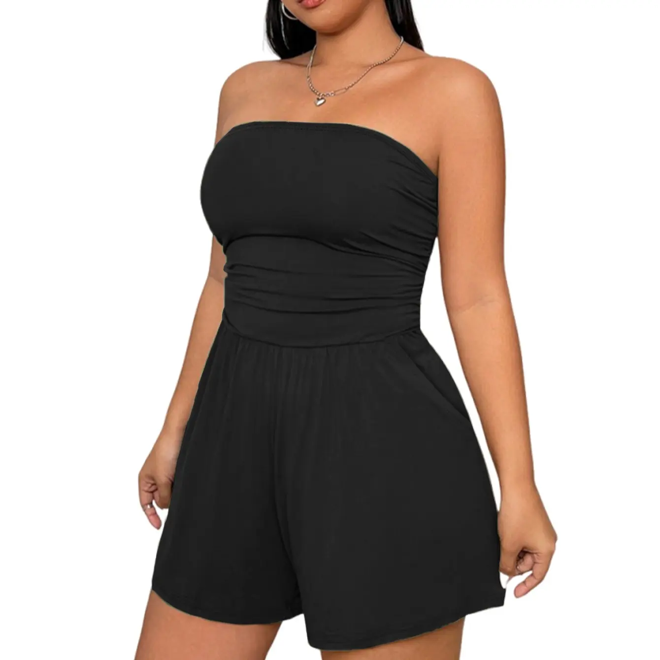 AUXDIO Women's Elegant Strapless Romper - Black Fitted Short Jumpsuit, Lightweight Holiday Overalls for Wedding Guest, Above Knee, Breathable Light, Cute