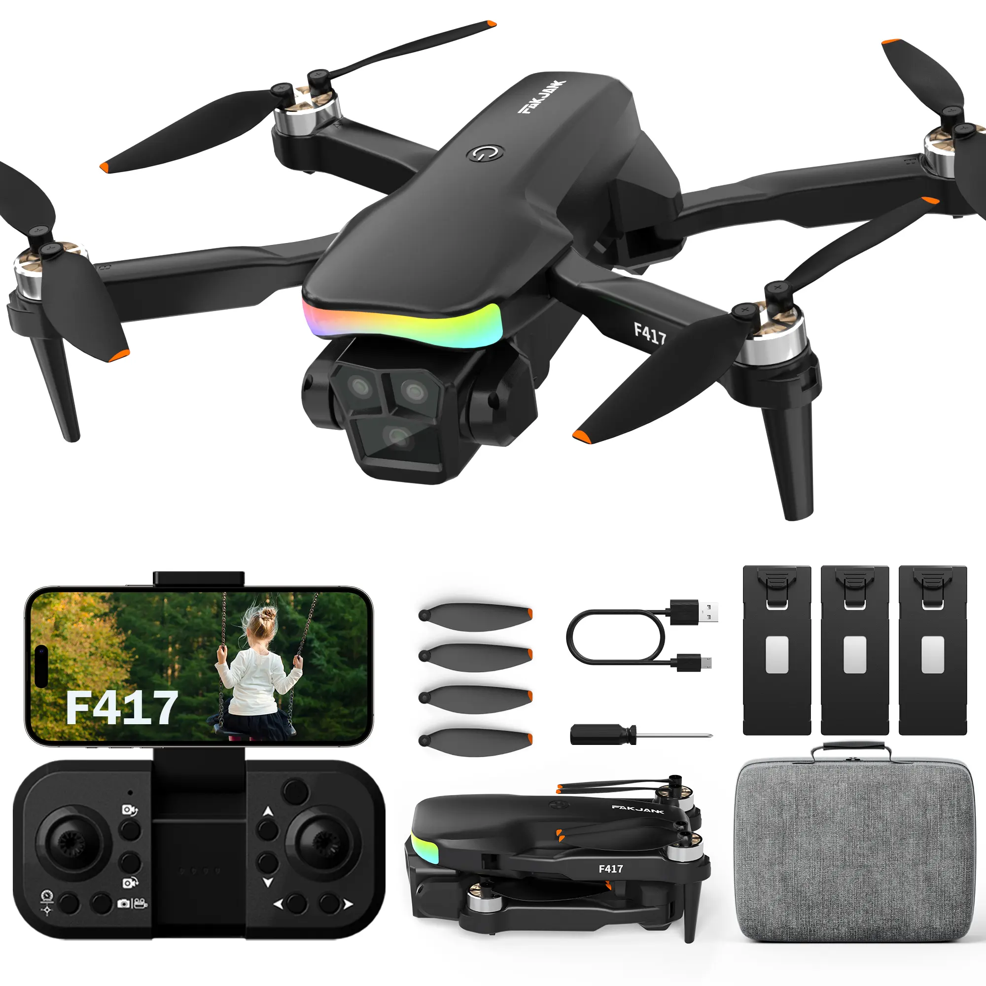 Fakjank F417,RGB LED Lighting Effects,Under 0.549 lbs/249 g,Drones with Camera for Adults 1080P HD,3 Batteries 60 Mins Flight Time,Hight-Efficiency Brushless Motor,Mini Drone for Beginners