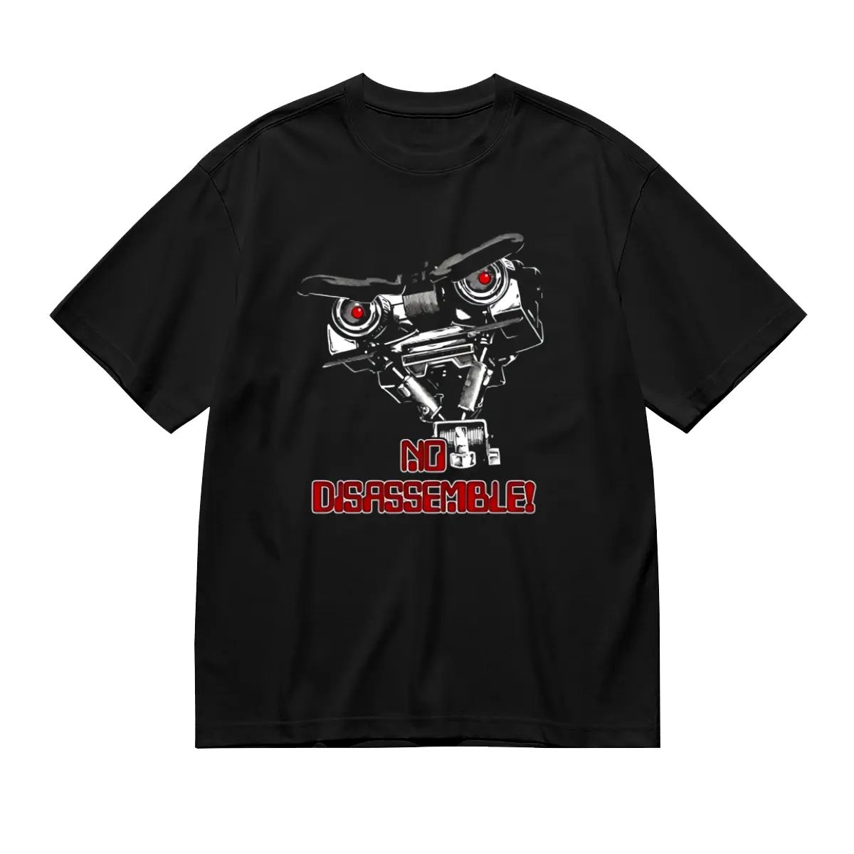Men's Retro Short Circuit Movie Graphic T-Shirt - "No Disassemble Johnny Five!" Black 100% Cotton Tee with Red Robot Design, Regular Fit Casual Shirt for Pop Culture Fans