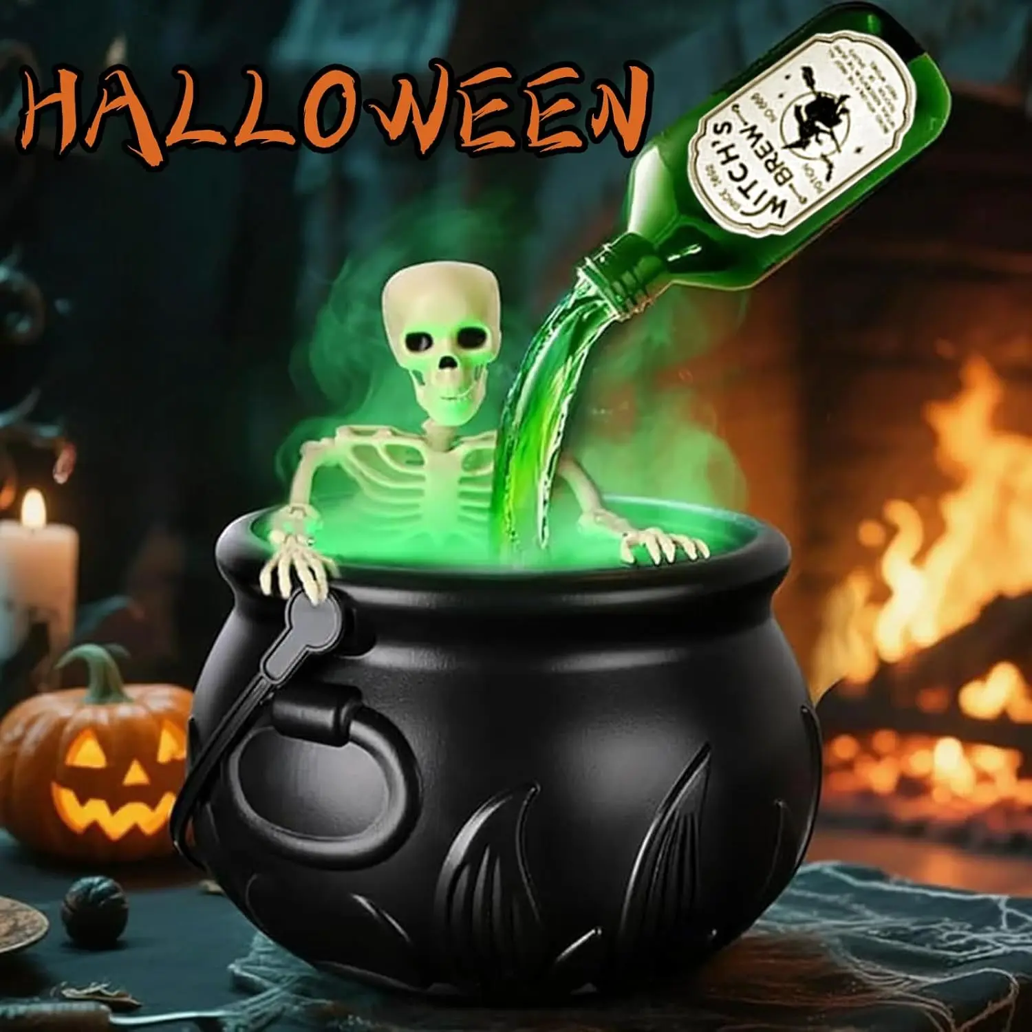 Halloween Decorations Indoor - Cauldron Set with Floating Potion Bottles, Skeleton & Mist Maker Diffuser - Black Plastic Witches Cauldron Bowl for Spooky Vintage Home Kitchen Table Mantel Party Decor