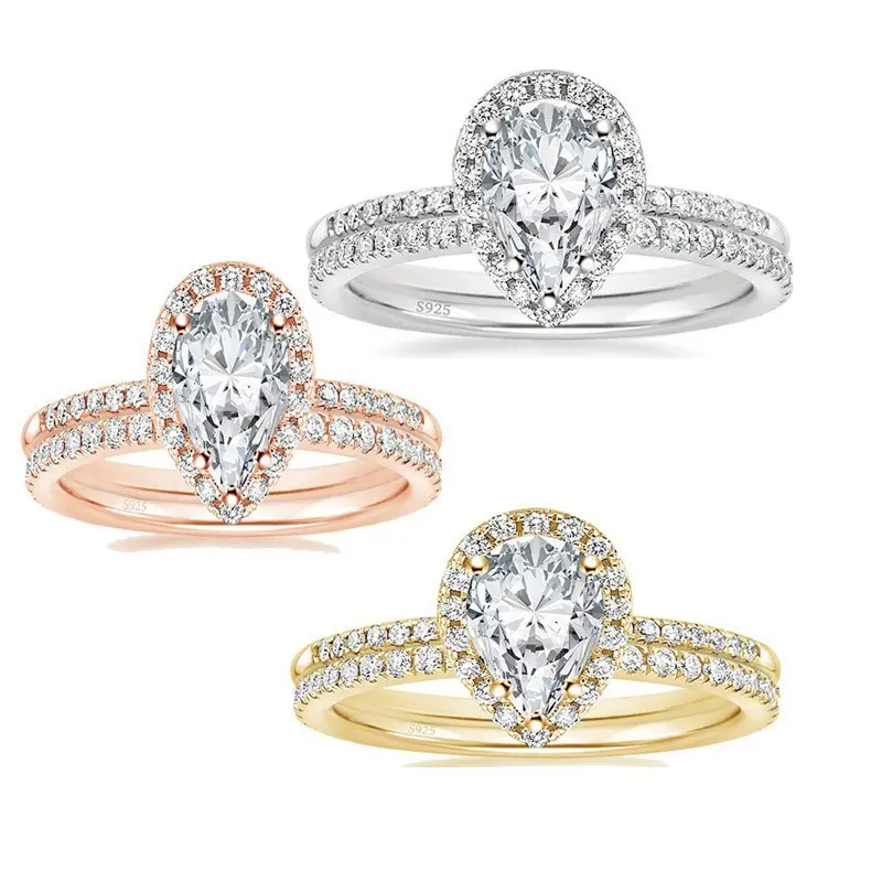 Sterling Silver Wedding Band Teardrop Bridal Rings Sets Halo Cubic Zirconia Solitaire Engagement Ring For Women Size