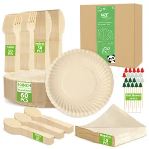 300pcs MZLBAMBOO Disposable Trays Set, Bamboo Paper Tray Forks Knives Spoons Fruit Sticks for Parties Weddings Picnics