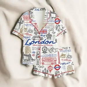 Women's London Pajama Set, UK Travel Pajamas, British Style PJs, All-over Print Kid and Youth Satin Short-Sleeve Pajamas Set