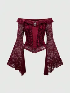 Gothic Lace Bell Sleeve Top Velvet Off Shoulder Vintage Punk Crop Top Blouse