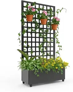 Raised Garden Bed with Lattice Trellis & Wheels - Galvanized Metal Planter Box Privacy Screen for Climbing Plants, Vegetables, Vines, Flowers & Fruits, Outdoor Decorations