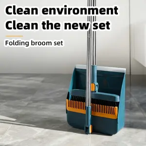 Household broom and dustpan set, long-handled dustpan, broom and dustpan combination set, suitable for cleaning kitchens, rooms, offices, and hall floors, upright cleaning blue.