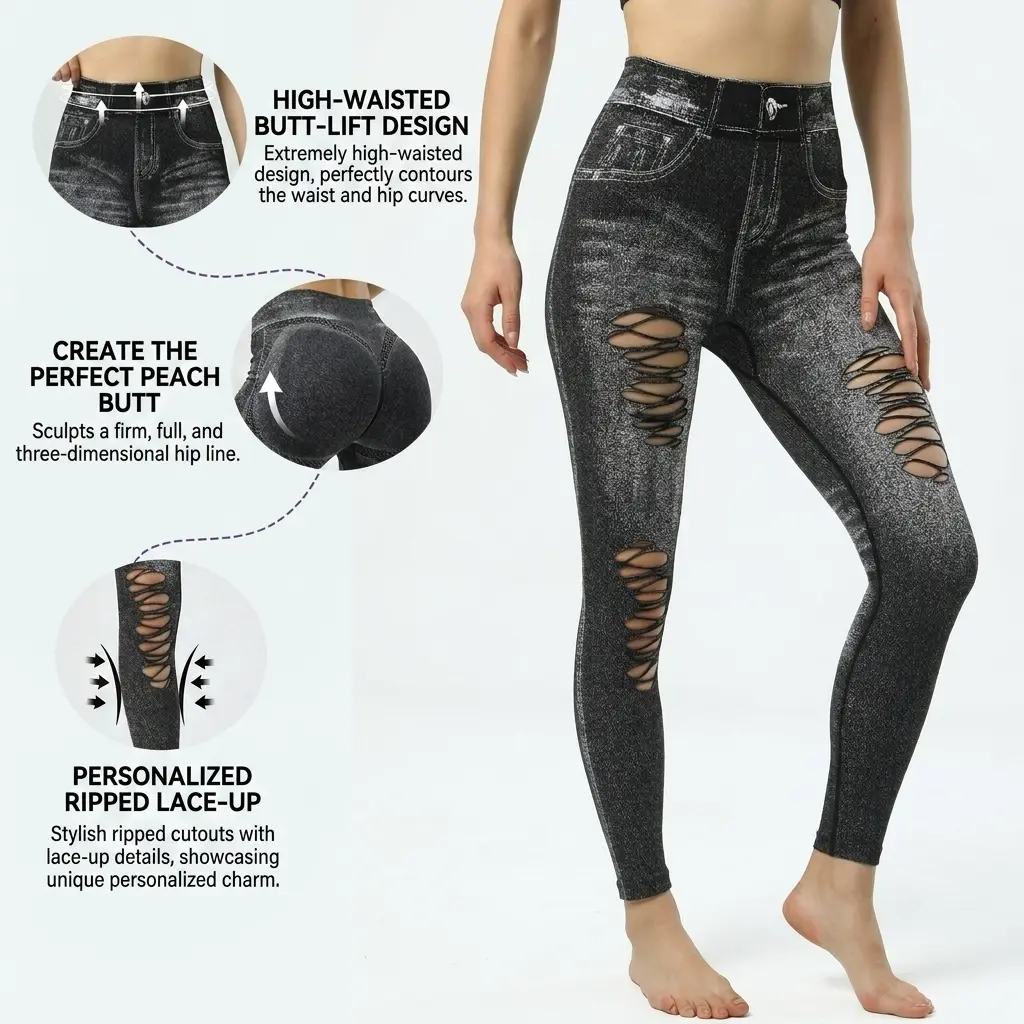 Women's High Waist Faux Denim Ripped Yoga Leggings - Streetwear, Slim Fit, Ripped Cuts, Decorative Pocket, Button Design, Hollow Cutout, Stretch, Workout Gym Pants