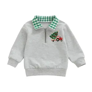 Kids Infant Toddler Baby Boy Christmas Sweatshirt Gingerbread Man Embroidery Long Sleeve Lapel Zip Front Pullover Sports Shirts Loose Tops