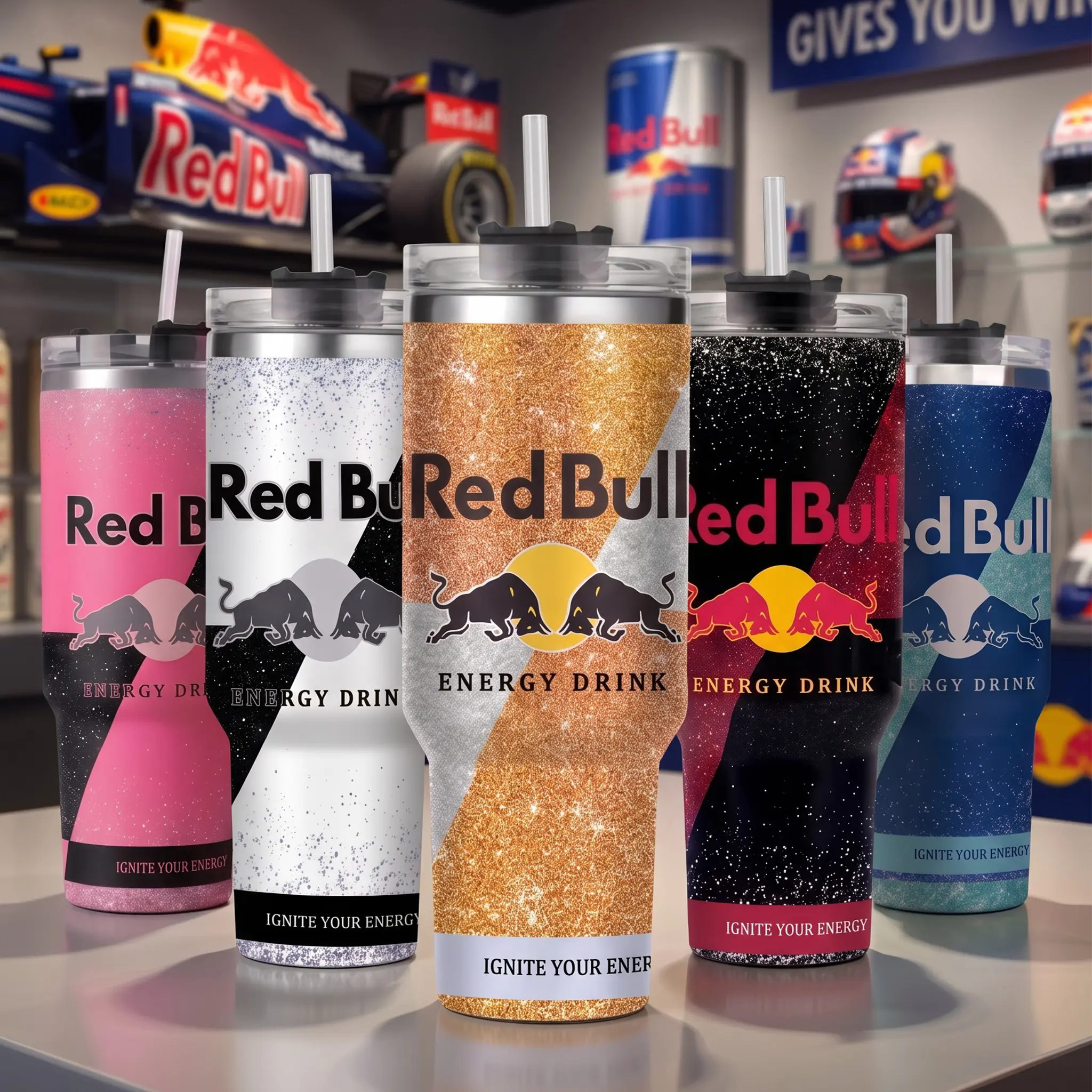[Collection] Red Bull 40oz Tumbler With Straw Black, Energy Drink Gives You Wings Ignite Your Energy Travel Mug, Fighting Bulls Glitter Sparkle Stainless Steel Insulated Water Coffee Cup, RB F1 Racing Fan Drinkware, Cool Soda Energy Drink Lover Gifts