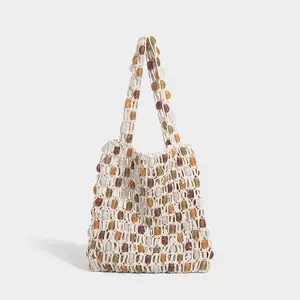 New style handmade beaded bag, uniquely woven color-block tote, beaded mesh bag, shoulder bag.