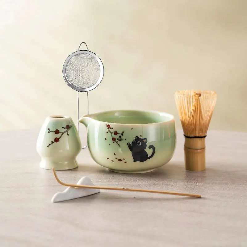 6-Piece Green Matcha Kit Set, Gradient Ceramic Matcha Bowl with Black Cat Design, Whisk, Scoop, Flower Holder & Sifter, Japanese Matcha Tea Set