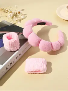 Women's Simple Solid Color Sponge Hair Hoop, 3pcs Face Washing Wristband for Hairstyle Ideas, Plush Hair Accessories Set, Suitable for Daily Washing, Puffy Headband, Soft Headband