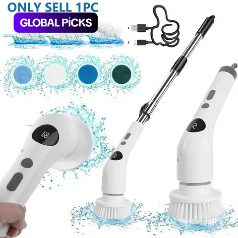 Electric Spin Scrubber, Scrubbing Spin Brush with LED Display, Cordless Power Scrubber, Cordless Handheld Scrubber with USB-Rechargeable Battery and 7 Interchangeable Brush Heads, Multifunctional Household Cleaning Tool for Bathroom, Floor, Car and Tile