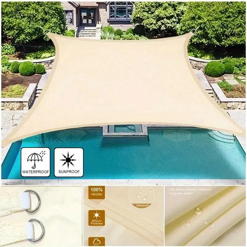 Beige Rectangular Shade Sail, Waterproof High-Density Polyester Sun Shade with 95% UV Block for an Outdoor Patio, Garden, or Backyard