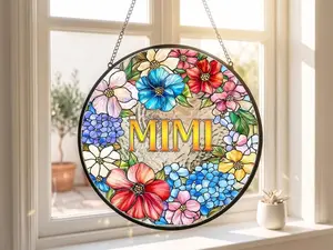 Floral Mimi Suncatcher Gift For Grandma, Personalized Name Window Hanging, Stained Glass Style Garden Decor