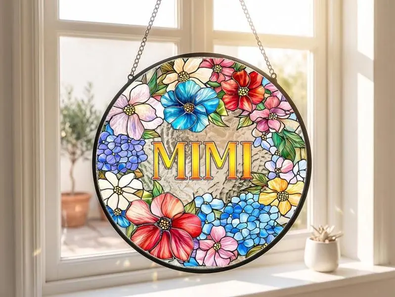 Floral Mimi Suncatcher Gift For Grandma, Personalized Name Window Hanging, Stained Glass Style Garden Decor