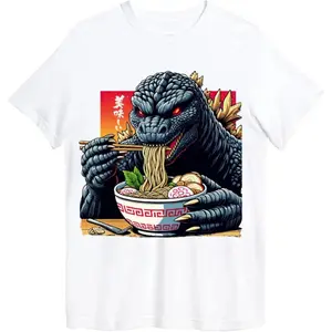 Humorous Kaiju Eating Ramen Japanese Monster Lover Birthday Graphic T-Shirt Casual Streetwear Classic Plain Cotton Moisture Wicking Short Sleeve Crew Neck Unisex Tee