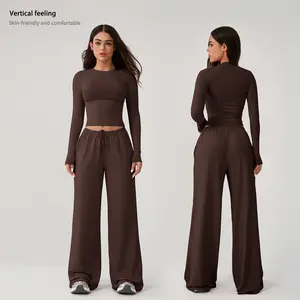 TimeOFF Women's Long Sleeve & Wide Leg Pants Casual Set - Vertical Feeling Slim Fit Top, Elastic High Waist Palazzo Trousers, Breathable Skin-Friendly Material, Prevents Restriction & Sagging, Ideal for Home Relaxation, Shopping & Light Activities