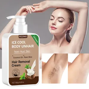 ROZINO Hair Removal Cream with Coconut Oil & Mint - Gentle, Non-Irritating, Full-Body Usable for Arms, Legs, Bikini & Face, Smooth Skin, Ice Cool Sensation, Unisex Formula - 150g/5.291oz