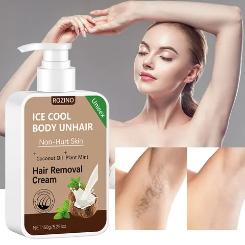ROZINO Plant-Infused Coconut Oil & Mint Hair Removal Cream - Sensitive Skin, Skin Friendly, Smooth Pain Free Depilatories for Unisex Body Care, Arms/Legs/Lips, Ice Cool Sensation, Moisturizing, 150g/5.291oz, Pain Free Hair Removal, Removal Cream Hair Depi