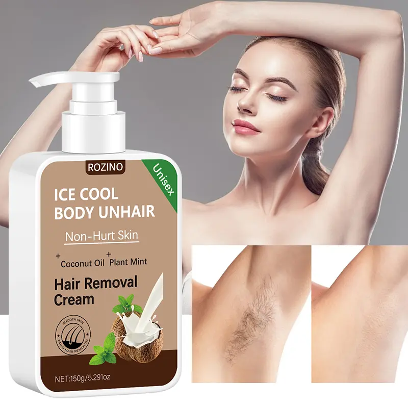 ROZINO Hair Removal Cream with Coconut Oil & Mint - Gentle, Non-Irritating, Full-Body Usable for Arms, Legs, Bikini & Face, Smooth Skin, Ice Cool Sensation, Unisex Formula - 150g/5.291oz