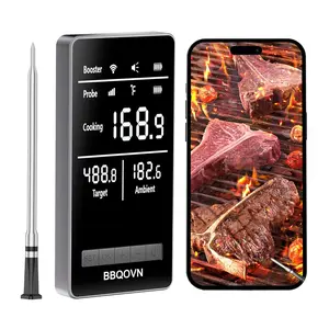 WiFi Sub-1g Wireless Meat Thermometer Unlimited Range, Check Temp Anywhere,7 NIST Certified Sensors with Ambient Temp Smart Digital Base,Monitor for BBQ, Grill,Oven, Smoker. (1, Black, Small)
