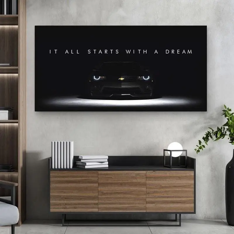 [SALE UP TO 43%] Chevrolet Camaro Dreams Poster, Motivational Quote Wall Art, Sports Car Print for Garage, Office, or Car Lovers Gift [UNFRAMED]