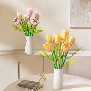 Tulip Bouquet - DIY Adjustable Brick Bigger Size 6 Tulip Kit Yellow & Pink 141mm x 57mm x 146mm 100% Allergy Friendly decor collectibles birthday gift Decorative Fruit figure decoration collection creator toy block display