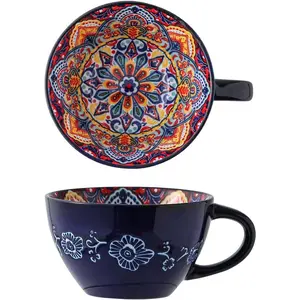 Bohemian Hand-Painted Ceramic Mug, 15 Oz Large Coffee Cup for Milk, , and Breakfast, Dishwasher & Microwave Safe Artisan Cup, Navy Blue