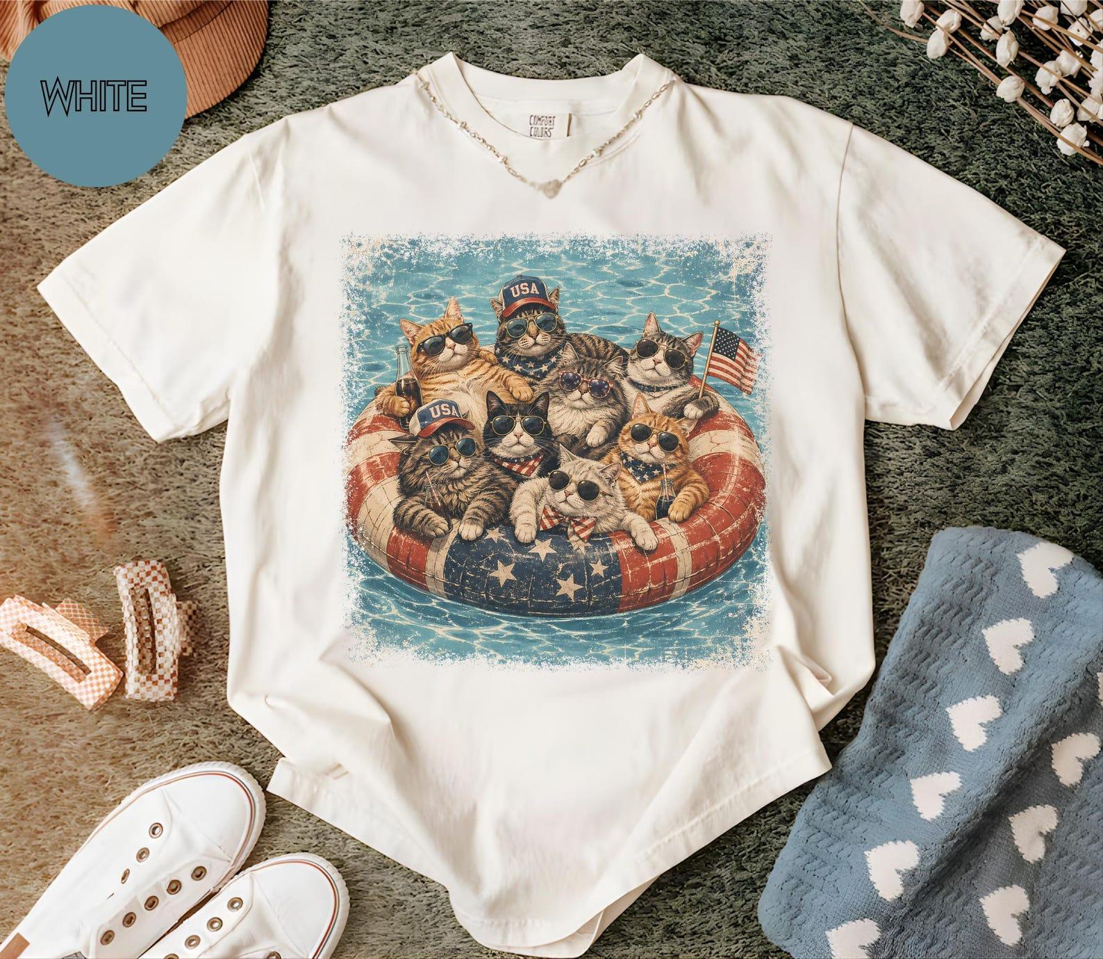 Comfort Colors Patriotic Cat Pool Party Shirt, USA Cats Sunglasses Tee, Funny 4th of July Cat Lover Graphic T-Shirt
