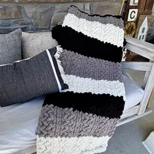 Moose Ridge Luxe Chunky Knit Blanket in Soft Grey & Black Stripes for Cozy Home Decor Throw Blanket
