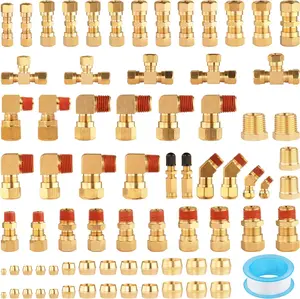 74 count DOT Air  Line Fittings,Brass Compression Air Nylon Tubing Fittings Assortment Kits 1/4" 1/8" 3/8" 1/2" 5/8" for Industrial Use or