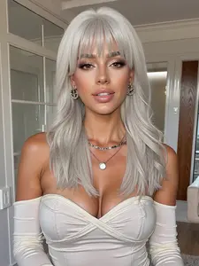 18 Inch Fashionable Platinum Blonde Long Curly Wigs for Women, Gorgeous Fluffy Wigs with Bangs, Synthetic Full Machine Wigs for Party, Daily Use, Glueless Bangs Wig