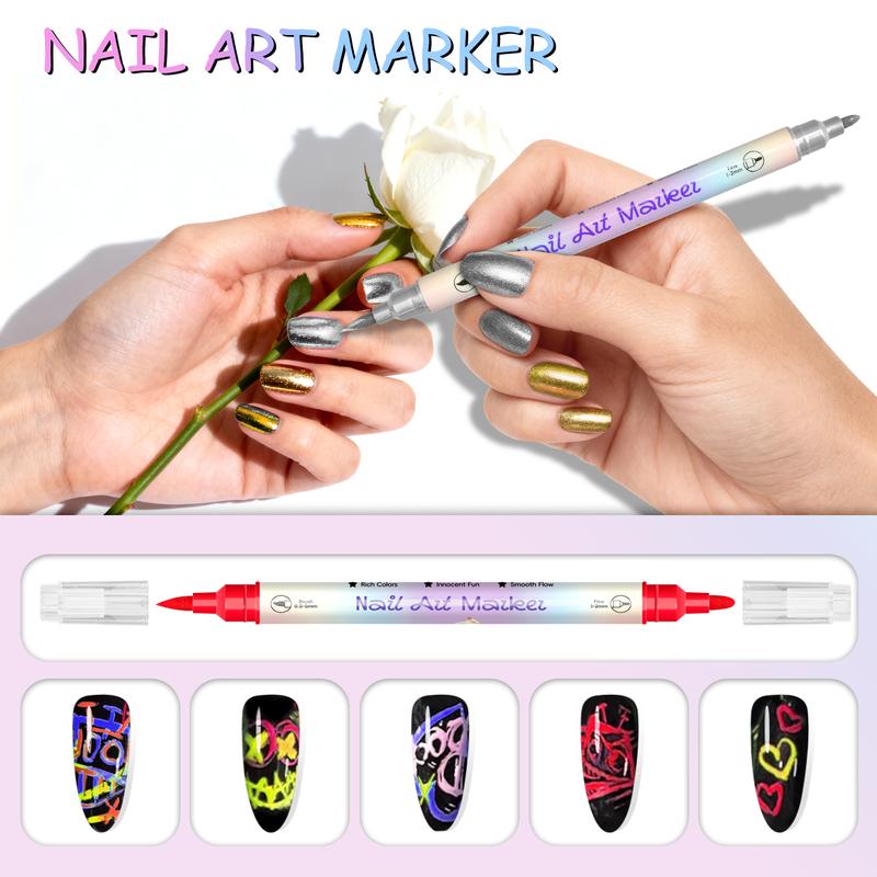 Double-Ended Nail Art Pens Set, Nail Polish Pens for Nail Art, Dual Tip, Nail Dotting Tool, Drawing Pen for Nail Design, Manicure Nail Pens for Salon and DIY at Home