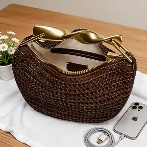 Women's Reusable Vintage Metal Handle Woven Shoulder Bag - Convertible Zipper Chain Crossbody, Elegant Straw Mini Hobo, Fashion Dressy Evening Clutch for Daily, Party Use (Home Organizer Storage Bag)