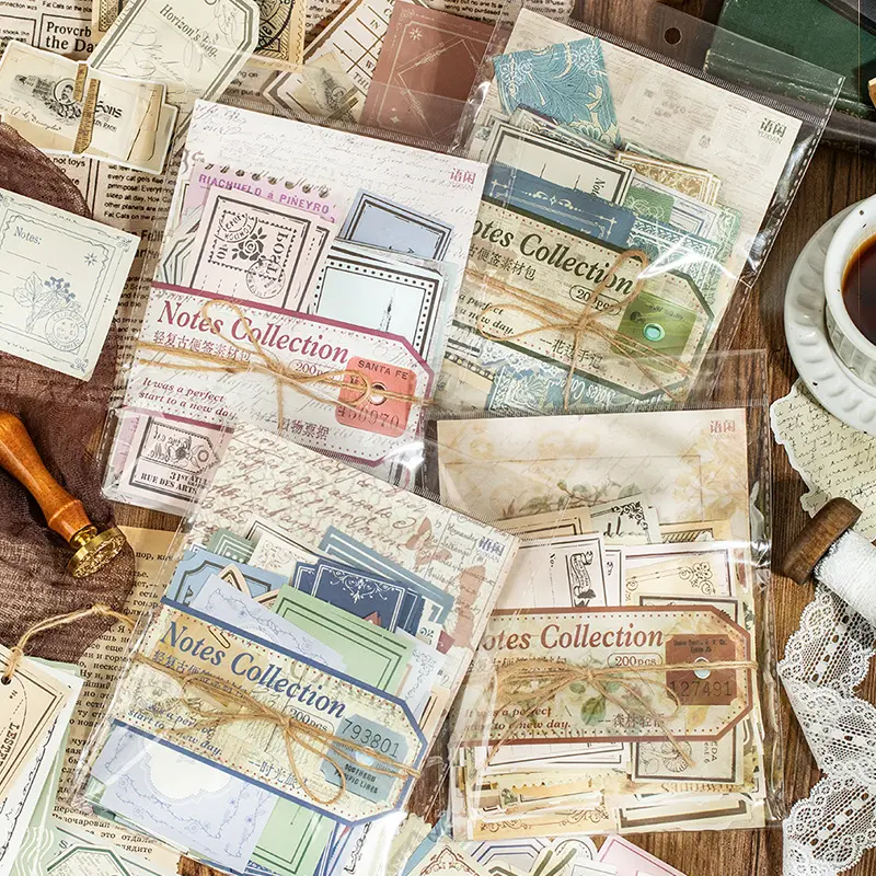 Vintage DIY Base Decoration Material Packs - 4 Styles, 800 Sheets, Sticker Cards, Ticket Notes, Versatile Journal Supplies (Office Stationery)