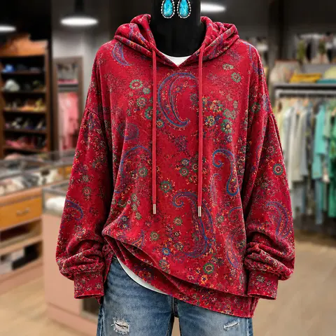 Cherrybetty Vintage Paisley Print Velvet Hoodie Top Graphic Hoodies Tiktok Shop Must Haves For Women Cute Fall Stuff Comfort Hoodie Womenswear