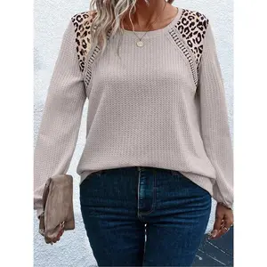 Plus Size Leopard Print Patchwork Round Neck Knit Sweater, Casual Long Sleeve Crew Neck Jumper for Spring, Women’s Plus Size Clothing for Everyday Wear, Hoodie