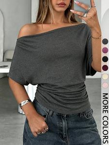 Women's Summer Autumn Plain Asymmetrical Shoulder Batwing Sleeve Knit T-Shirt, Loose Fit Drop Shoulder Short Sleeve Top, Womenswear