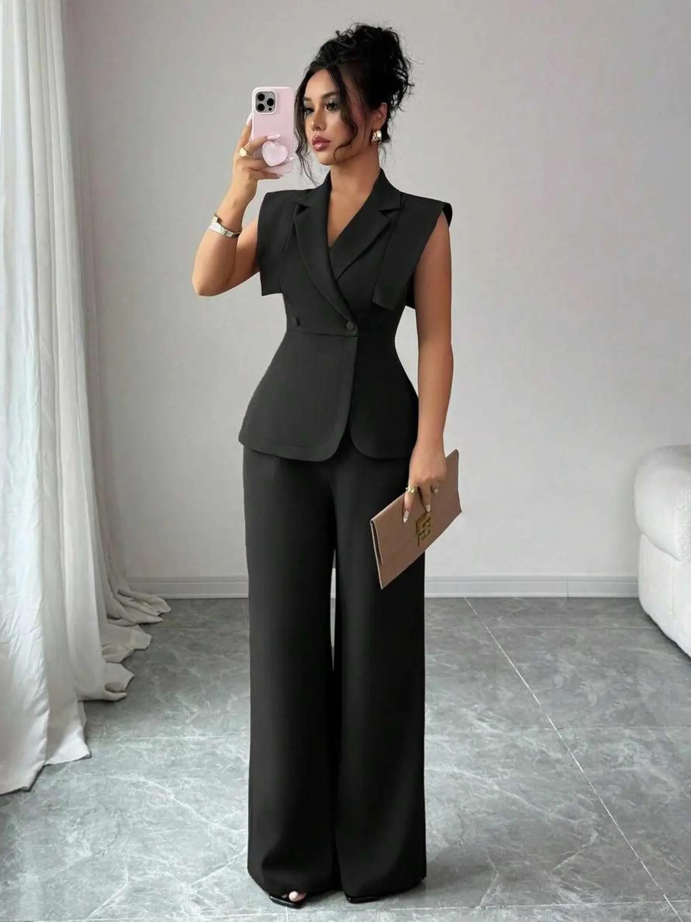 Elegant Plus Size Women's Sleeveless Blazer Top and Elastic Waist Pants Set, Casual Two-Piece Outfit for Work, Vacation, Afternoon Tea, Party