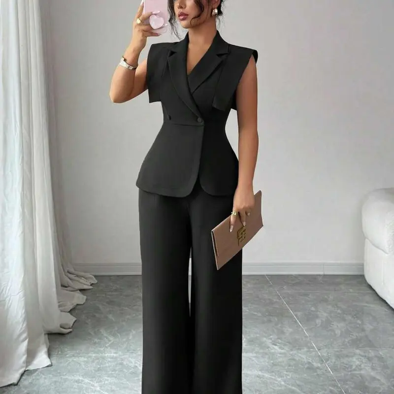 Elegant Plus Size Women's Sleeveless Blazer Top and Elastic Waist Pants Set, Suits, Casual Two-Piece Outfit for Work, Vacation, Afternoon Tea, Party