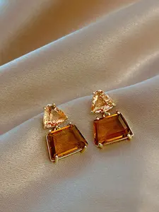 Vintage Marbled Coffee Geometric Multifaceted Crystal Statement Earrings, Simple Elegant Women's Daily Commute Versatile Earings