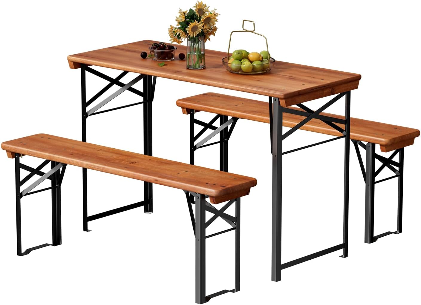 Karlhome 3pcs 4/6FT Folding Picnic Tables with Benches Set, Weather-Resistant Wooden Beer Garden Table Bench, 3-Piece Portable Fold Up Camping BBQ Table w/Carrying Handles,Natural Wood Color