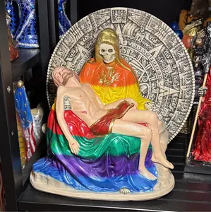 Religious Santa Muerte & Jesus Christ Statue, 7 Powers Aztec Calendar Decor, Charged Spiritual Home Decor Figurine