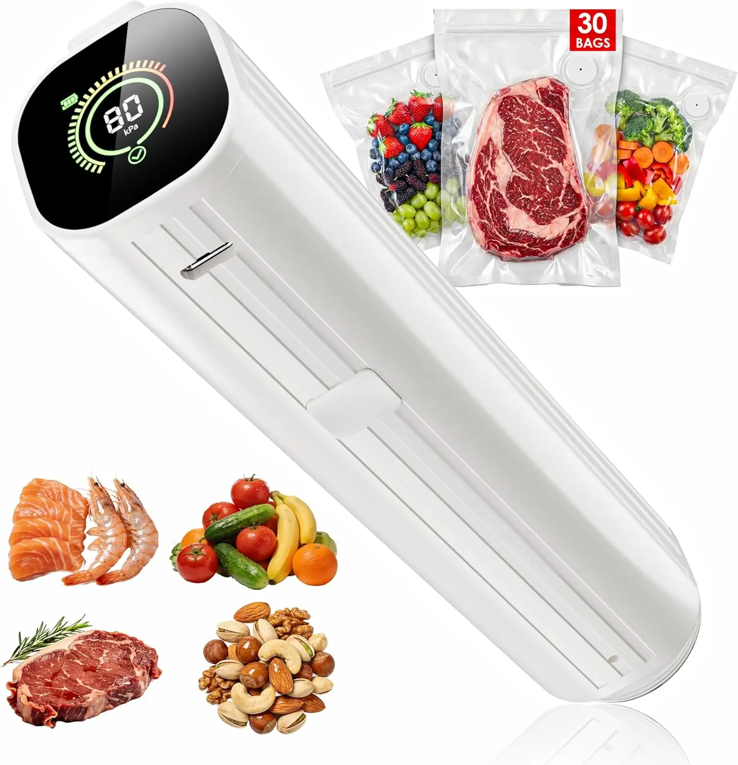 Compact Vacuum Sealer for Food (Vacuum Sealer Machine + 30 Reusable Vacuum Bags) Powerful Handheld Vacuum Sealer Machine, Featuring LED Pressure Display, Portable Food Sealer Natupo