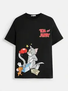 TOM & JERRY X SHEIN Men's Casual Cartoon & Letter Print Short Sleeve T-Shirt, Summer,Graphic Tee