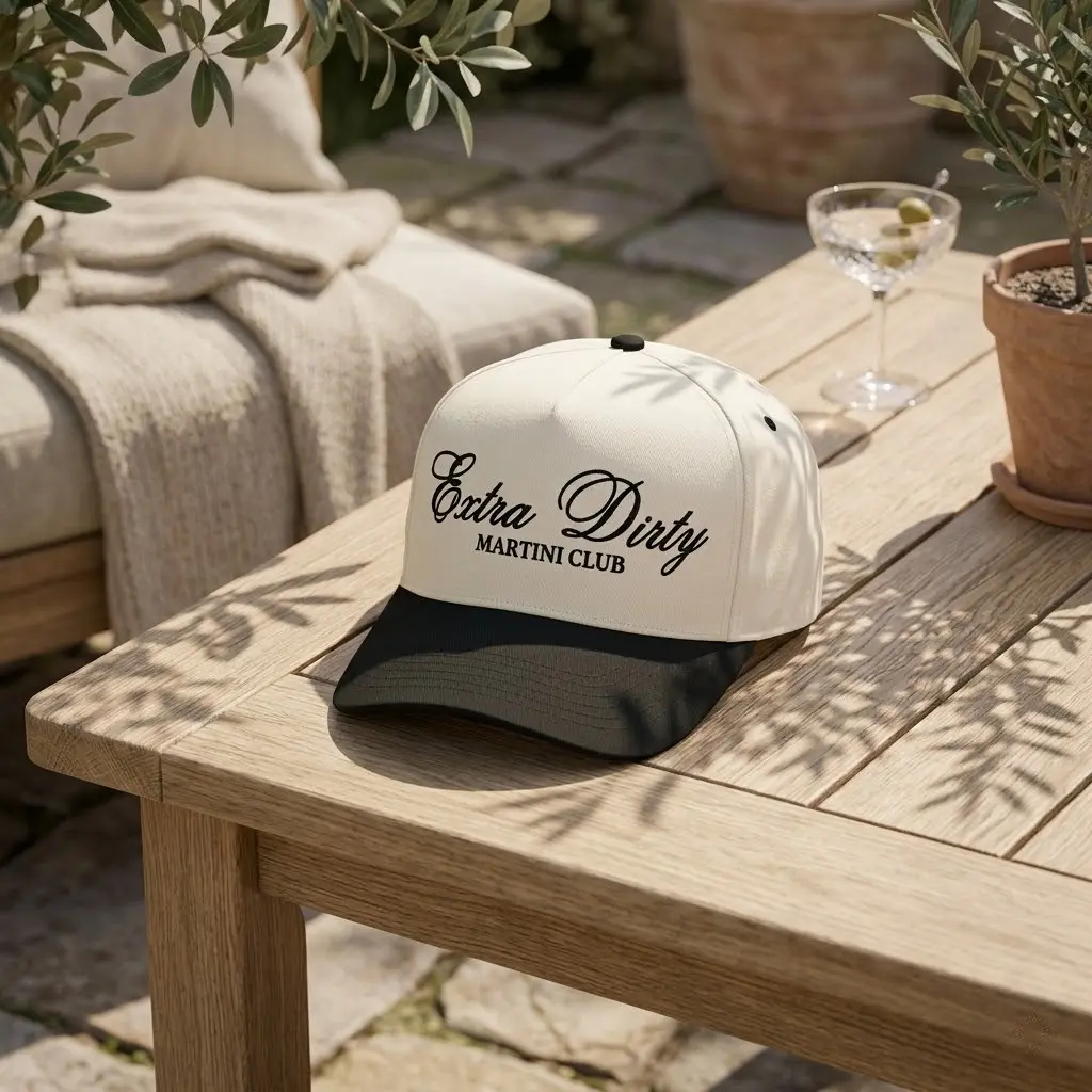 Extra Dirty Martini Club Trucker Hat – Vintage Black & White Snapback Cap with Embroidered Script Design