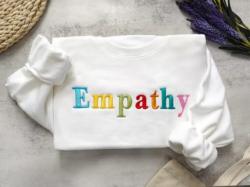 Embroidered Empathy Sweatshirt - Fashion Casual Long Sleeve Crewneck, Positive Kindness Pullover, Trendy Preppy Graphic Sweatshirt for Women