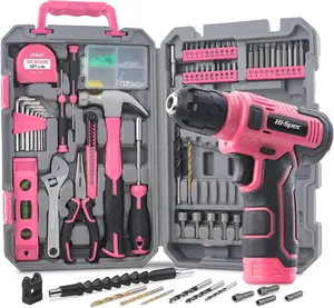 Hi-Spec 8V USB Pink Power Drill Driver and Complete Home Tool Kit Set for Women. Ladies Cordless & Rechargeable Electric Drill Driver and Compact Hand Toolbox Set