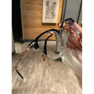 Gothic Luxury Browline Blue Light Blocking Glasses, Handcrafted Vintage Cross Carved Frames, Elegant Semi-Rimless Computer Glasses for Women, Retro Aesthetic Fashion Eyewear,Stylish Clear Lens Eyeglasses for Office Work.Premium Lightweight Optical Frame